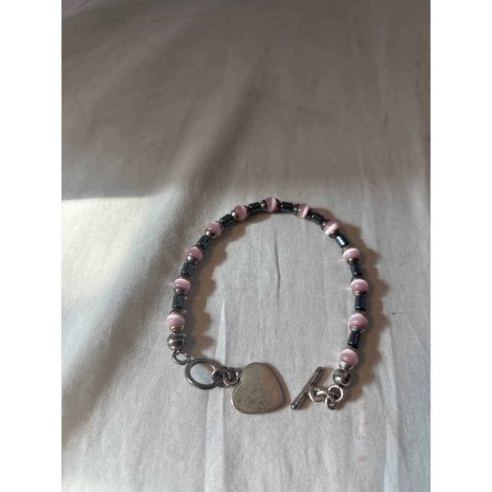 925 Beaded Heart Bracelet Womens 8.5in Pink Silver Good Cats Eye Toggle